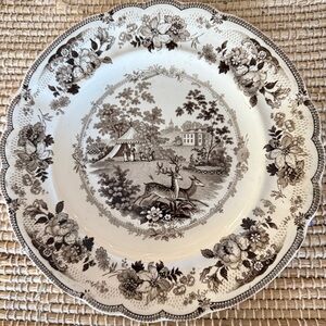 Antique Herculaneum Black Transferware Plate Archery Pattern c. 1833-1836